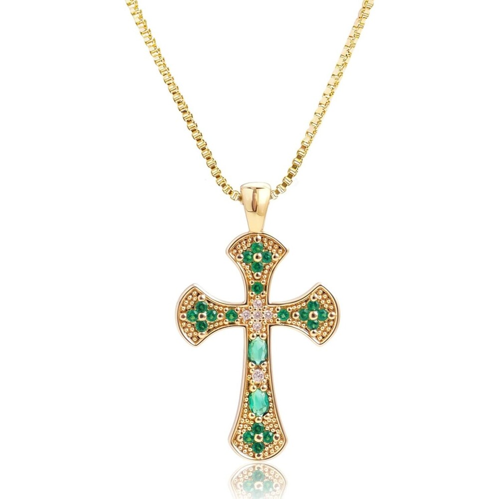 Emerald Green Clover Cross Pendant Necklace 14K Gold Plated Jewelry for Women